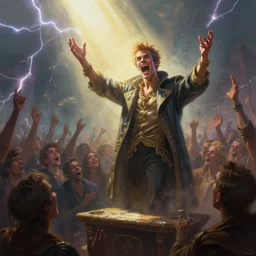 a crazy action painting of prince giving a sermon, telling the congregation to go crazy, lightning bolts, sunbeams, madness, highly detailed, digital painting, artstation, smooth, super 8, hazy, dynamic lighting by delphin enjolras, ultrarealistic, cinematic, octane render