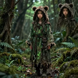 character and environment design, portrait 2 0 - year - old dark fantasy female druid, tattered bear hood and robe, full front, green light, zeiss 3 5 mm photography