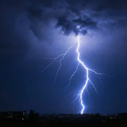 Thunderstorm dark night sky, lots of blue lightnings, digital painting
