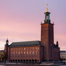 Stockholm city hall, but built in the medeival style, Photorealism, extreme detail, dusk, pink skies,