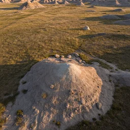 aerial overhead close up shot of badlands mixed grass prairie with dirt and rocks in golden hour lighting
