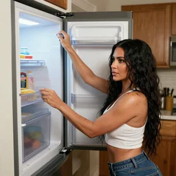 kim kardashian fixing a fridge and in a dirty kitchen, 1 9 0 0, photorealist, ultra hd, unreal engine