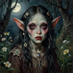a beautiful but sinister and creepy goblin in layers of fear, with haunted eyes, violence in her eyes, 1 9 7 0 s, seventies, delicate embellishments, a little blood, woodland, moonlight shining on wildflowers, painterly, offset printing technique, by alexandre cabanel