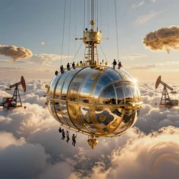 an inflated stainless steel chrome gondola in the clouds, people are hanging by steel cables. Oil rigs in the sky. Intricate technical drawing. Mammatus clouds. Ornate, brilliant, utopian, detailed, Golden ratio, solarpunk technology by Lebbeus Woods and Craig Mullins