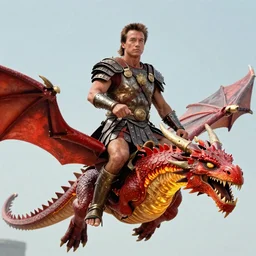 long shot film still of a very handsome arnold schwarzenegger the destroyer, high details and on face, wearing ancient barbarian armor, riding a flying red dragon with glowing yellow eyes, breathing and blowing fire down on his enemies, centered, rule of thirds photo, hyper realistic, forest temple in the background, sharp focus, digital painting, golden axe box art illustration trending pixiv fanbox by wlop and