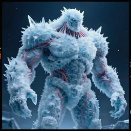 huge bulky ice creature made out of a humanoid nervous system with large meaty spikes all over the body, cinematic, volumetric lighting, f 8 aperture, cinematic eastman 5 3 8 4 film, photorealistic