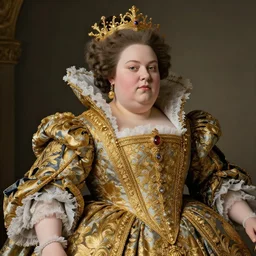 hyper detailed portrait of a chubby queen wearing an intricate brocade dress | Jean-Honoré Fragonard | d&d | hyperrealistic | golden filigrees |
