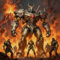 a giant poseidon mecha, fire mountain, tim hildebrandt, wayne barlowe, bruce pennington, donato giancola, trending on artstation, cinematic composition, beautiful lighting, hyper detailed, 8 k, oil on canvas