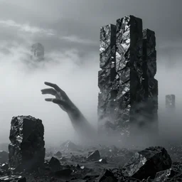 arm reaching out of thick fog, blocks made of obsidian, zdzislaw beksinski