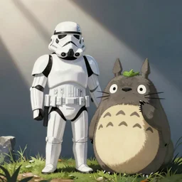 a happy stormtrooper chilling with totoro, studio ghibli beautiful