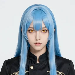 full face shot of rimuru tempest, sky blue straight hair, long bangs, with amber eyes, wearing a fancy black jacket, high collar, ultra detailed, brush strokes, digital painting, cinematic, wlop artstation, closeup, pixiv, intense, intimidating glare, photorealistic, overpowering, andy warhol,