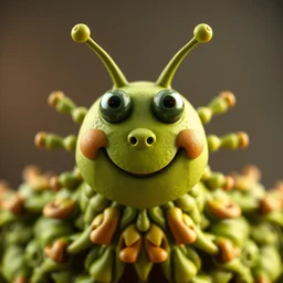 symmetrical intricate murky clay cute friendly laughing green caterpillar character with funny face, in the style of craola, macro lens, shallow depth of field, highly detailed, digital painting, trending artstation, concept art, illustration, cinematic lighting, pastel, photorealism, epic, octane render