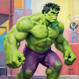 Greg Manchess portrait painting of the Hulk as Overwatch character, medium shot, asymmetrical, profile picture, Organic Painting, sunny day, Matte Painting, bold shapes, hard edges, street art, trending on artstation, by Huang Guangjian and Gil Elvgren and Sachin Teng
