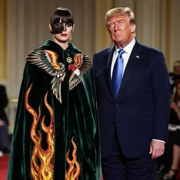photograph of Donald Trump standing next to a beautiful fashion model wearing a Green velvet cape with embroidered crow wings and flames photographed in the style of Mario Testino