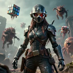 by oka yasutomo and anna dittmann, visually stunning, cinematic, ultra realistic, hyper realism, 1 2 k, epic, octane render, unreal engine, vfx, maya, rubik's cube is a 3 / 3 creature with flying and first strike, lovecraftian mechanized funny crazy monsters, epic mask helmet robot ninja portrait, portrait of female space pirate