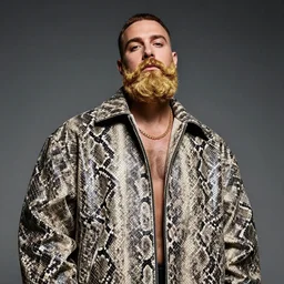 detailed attractive characther portrait of jeese eisenberg wearing oversized snake skin jacket and gold beard, realistic, wide angle, dramatic light 8 k