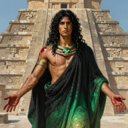 portrait of a beautiful young slim male aztec priest of the snake god, long curly black hairs, skin covered in blood, fluent robes, open arms, by greg rutkowski and alphonse mucha, d & d character, gradient black to green, in front of a decorated stone ziggurath, highly detailed portrait, digital painting, artstation, concept art, smooth, sharp focus ilustration, artstation hq