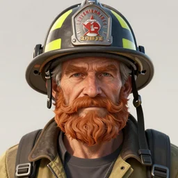 An old man with a ginger beard, wearing a fire fighters helmet, highly detailed, digital art, sharp focus, trending on art station, anime art style