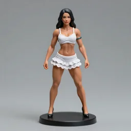 Product Introduction Photos, 4K, Full body, 80mm resin detailed miniature of a very muscular lady in White and lacy ruffled mini-skirt, dark skin, black hair