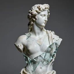 “Apollo statue made of shattered glass, contemporary, detailed but rough, 4k photo, great light and shadows”