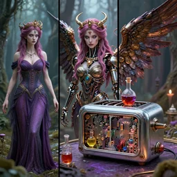 triptych style!!, Infernal Nymph, The Graveyard, cinematic, hyper realism, high detail, octane render, unreal engine, 8k, vibrant color, Mechanical Angel, futuristic toaster with complex circuitry!, Potions for the modern adventurer!!!, by andrea chiampo and chet zar