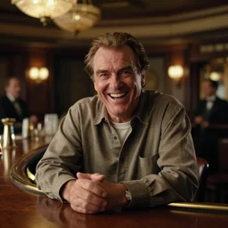 photorealistic master shot cinematography of the character jack torrance played by jack nicholson from stanley kubrick's 1 9 8 0 film the shining sitting at the overlook hotel's gold ballroom bar laughing right at the camera shot on 3 5 mm 5 2 4 7 film by the shining cinematographer john alcott on a 1 8 mm cooke panchro lens.