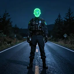 biolumenescent federal agent on road at night