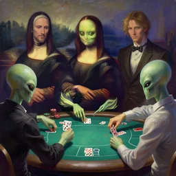 aliens playing poker, masterpiece digital painting, by Moebius, by Leonardo Da Vinci, by Ilya Kuvshinov, by Tite Kubo, by Monet, by Frank Miller, brush strokes, stunning, gorgeous, 4k wallpaper