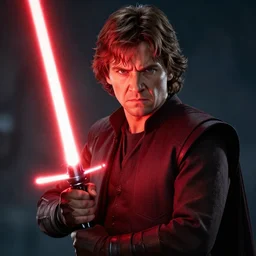 anakin skywalker wielding a red lightsaber looking angrily into the camera, detailed, cinematic, raytracing, realistic