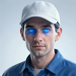 Futuristic farmer portrait, deep blue eyes, radiant light, in the style of WLOP and tony sart