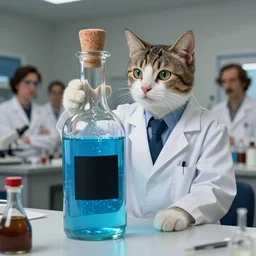 a beautiful cat dressed as a scientist intrigued by a slick modern bottle filled with magic blue iridescent liquid, there is a big black square on the bottle, art highly detailed, by frank frazetta, keith parkinson and greg rutkowski and aleksandra skiba and salvador dali, concept art,