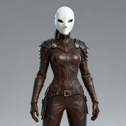 female adventurer in tight full - body leather armor of altmer design with white porcelain crow mask, trending in artstation, establishing shot