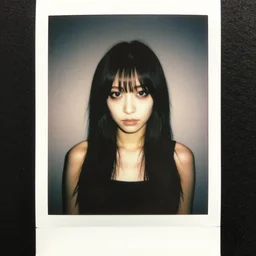 atmospheric upper body polaroid photograph of female japanese model in emo makeup, long hair, fringe