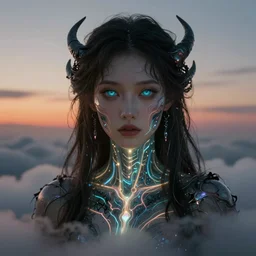 biblical daemonic cyber girl, glowing veins, in clouds, sunset, big eyes, portrait by mikhail vrubel, studio lighting, muted colors, by frank frazetta, extreme detail, reflections, trending on artstation, 8 k