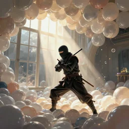 digital painting of a ninja in a room made of baloons , concept art, by Ralph mcquarrie, sunlight pouring through window, huge scale, high detail, futuristic, godrays, volumetric lighting, warm lighting