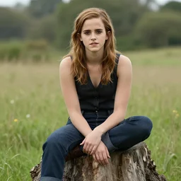 half portrait of emma watson sitting on a tree stump in a field, by lilia alvarado