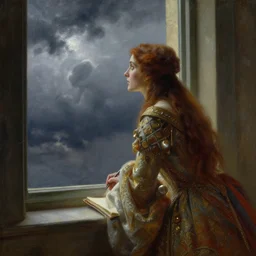 a sorceress in ornate gown pensively looking out the window towards stormy clouds in the distance, painting by jeffrey smith and tim hildebrandt