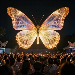 a giant glowing butterfly above the crowd, created by moebius