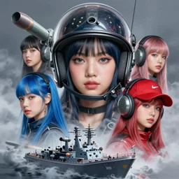 portrait of blackpink lisa bluepunk redpunk navy girl, helmet, warship board, missile, fog, highly detailed, digital painting, face detail, sharp focus, art, illustrations by loish and ayanamikodon and irakli nadar and rossdraws and wlop