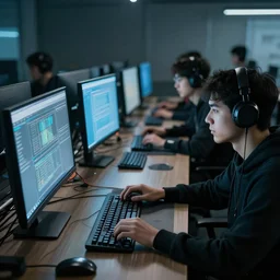 detailed realistic scene of a group of hackers working, computer screens, 8 k digital art, hyperrealistic, octane render