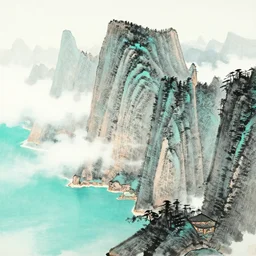 intricately detailed, soaring mountain peaks, turquoise ocean, white clouds, chinese painting style, ink painting, ink landscape painting