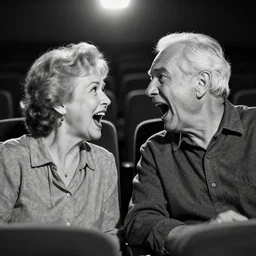 poignant portrait black and white photo of an old couple screaming at each other in a movie theater, nostalgia, argument