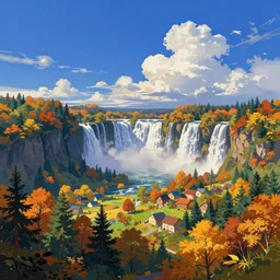 idyllic fantasy autumn landscape, indigo sky, lush forests vista waterfalls villages, buildings artstation illustration sharp focus beautiful skies white clouds sunlit vista painted ruan jia raymond swanland lawrence alma tadema zdzislaw beksinski norman rockwell tom lovell alex malveda greg staples