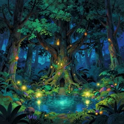 a sanctuary in an enchanted forest, large tree in the, pond, night, glowing lights, epic fantasy, colorfully, digital art, highly saturated colors, concept art, detailed illustration, hd, 4 k, digital art, greg rutkowski, dan mumford, studio ghibli trending on artstation