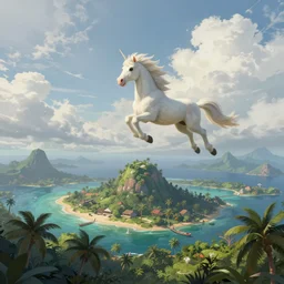 detailed fantasy illustration of a small white pegasus flying above a lush tropical island far below on a cloudy day, wide - angle, trending on artstation, digital art ( by jesper ejsing ) ( by clint cearley ) ( by raluca marinescu )