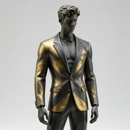 sculpture of a handsome athletic young male super model resembling zayn malik made out of steel and ceramic wearing a black tissue paper and gold geometric tuxedo by marc jacobs, paper graffiti, trees made out of origami, ethereal, fantasy, lawrence alma tadema, james jean, oozium, peter morbacher, angelarium, alchemy, luxury, heavenly light, soft illumination, cinematic lighting, very detailed, 3 d octane render, artgerm, trending on artstation, cgi society