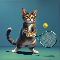 illustration of a cat playing tennis by shusei nagaoka kaws, david rudnick, airbrush on canvas, pastell colors, cell shaded