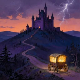 renaissance painting of a dark purple steep and zig - zag path with a glowing wagon. a violet evil fantasy castle over a high dark blue hill at night. orange to pink gradient sky and thunderstorm background. forest underneath. glowing wagon on the path