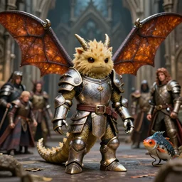 portrait of tin toy fuzzy kaiju moth dragons wearing armour in medieval london, nicoletta ceccoli, mark ryden, lostfish, hyung tae, frank frazetta, depth of field, detailed and intricate gothic environment, 8 k resolution, hyperrealistic, octane render