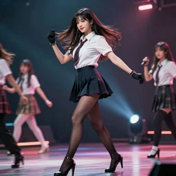 a dynamic, epic cinematic 8K HD movie shot of a japanese beautiful cute young C-Pop idol actress girl wearing shirt, miniskirt, pantyhose, high heels and gloves. Motion, VFX, Inspirational arthouse, at Behance, with Instagram filters